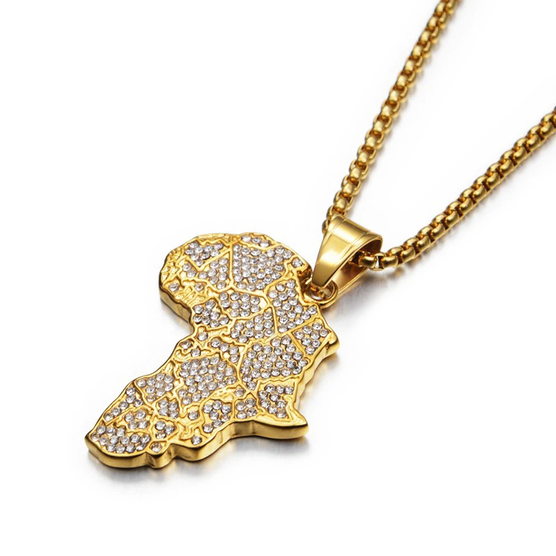 

Hip Hop Iced Out Africa African Map Pendant Necklace For Women Men Gold Color Stainless Steel Chains Hiphop American Jewelry