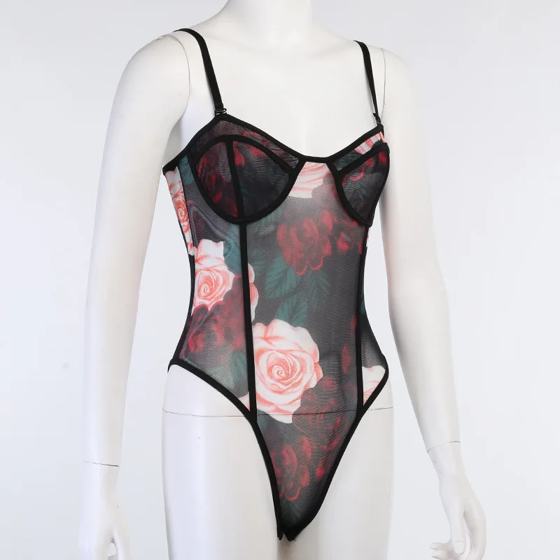Cryptographic Fashion Floral Mesh Sheer Straps Bodysuits See Through Club Party Sexy Backless Bodysuit Teddy Bodycon One Piece