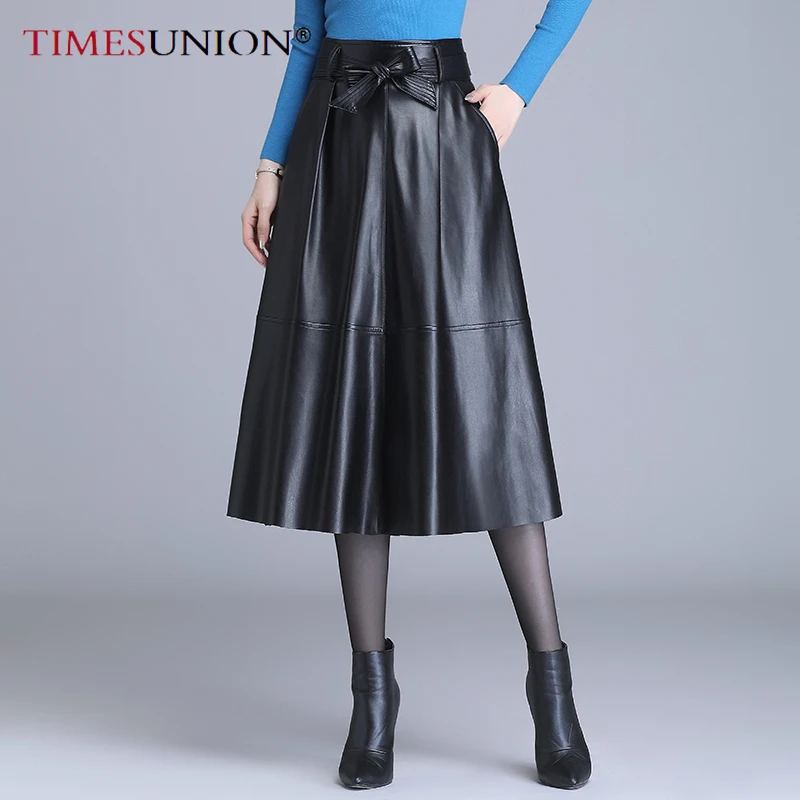 

2021 Мода осень зима PU кожа плиссированная юбка женщины корейский стиль средней длины высокая талия A Line юбка женская