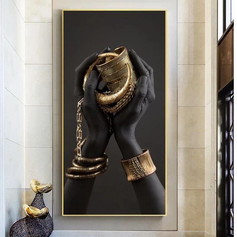 

African Black Hand with Golden Jewelry Art Canvas Paintings on The Wall Posters and Prints Art Modern Pictures Home Wall Decor