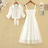 women shawl t shirtmesh sleevelessdress suit solid tops vintage floralembroidery small daisiessets elegant woman two piece set