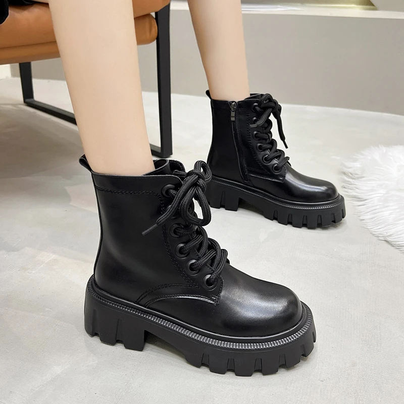 

2021 New Fashion Side Zipper Women Ankle Boots Shoes Flat Heel Lace Up Winter Plush Keep Warm Short Boots Female Boots