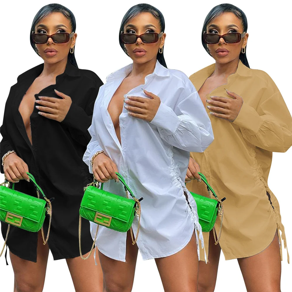 

Autumn Women Sexy Fashion Dresses Solid Color Long Sleeve Hollow Lace Loose Turn Down Collar Shirt Dress Wholesale Dropshipping