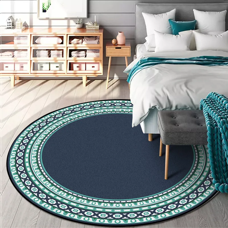 

Fashionable European style simple green edge deep blue living room bedroom basket chair anti slip round mat carpet