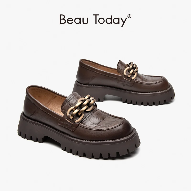 

BeauToday-loafers thick cow genuine leather for women, platform shoes, round toe, metal chain, thread, handmade, FS27748
