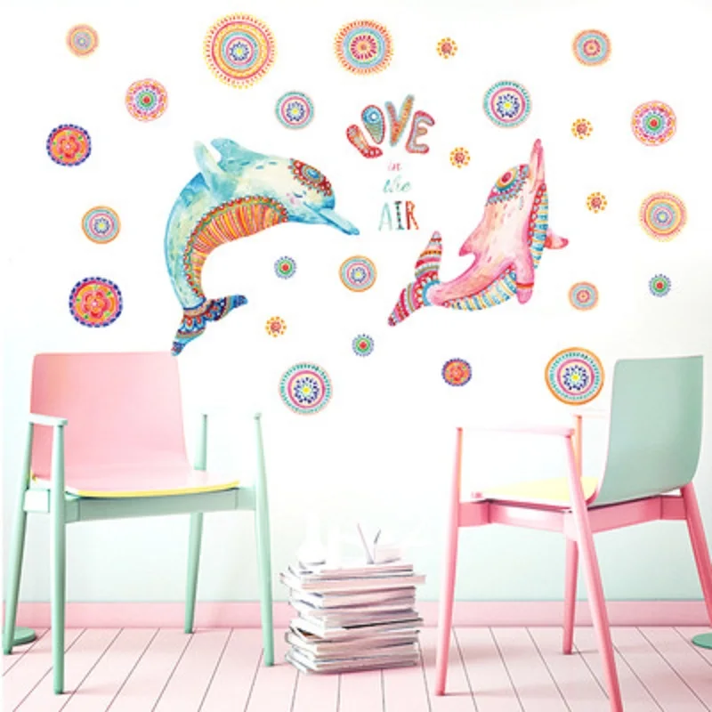 

creative lovely cartoon couple dolphins wall stickers for kids rooms living room geometric pattern decorative art animal poster