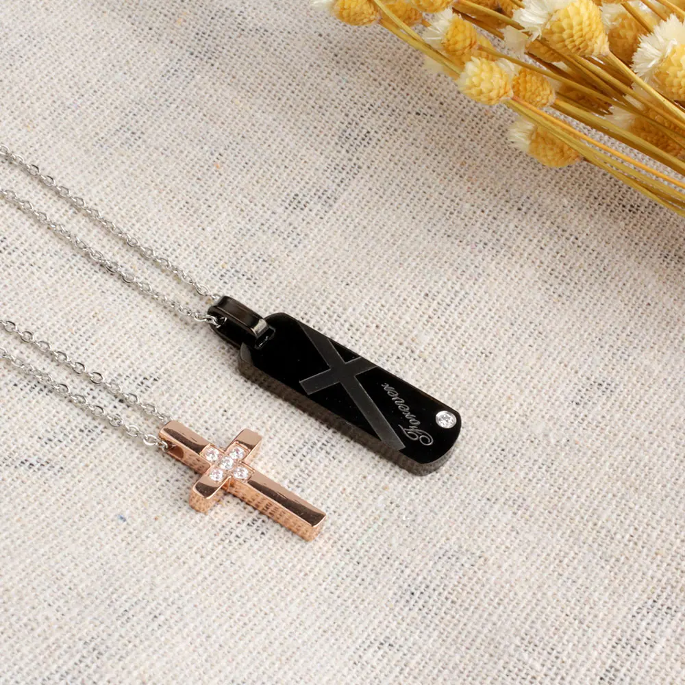 FINE4U N076 цирконами ожерелья для пар любителей 316L Нержавеющая сталь крест подвески