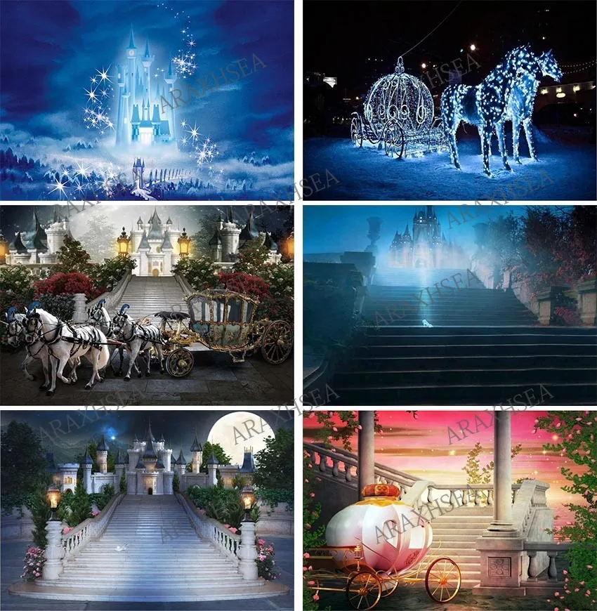 

Cinderella Princess Carriage Blue Castle Backdrop Photography Background Night Castle Horse Stair Photo Backdrops Kid Girl Props