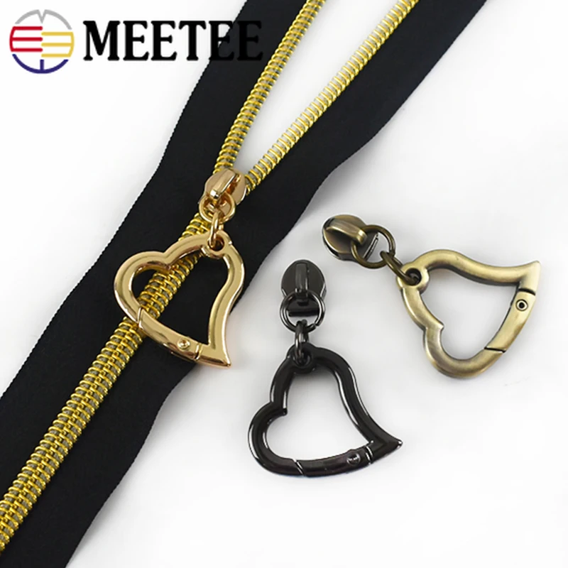 

Meetee 10pcs 5# Slider for Nylon Metal Zipper Heart Spring Ring Pendant Zippers Pull DIY Bag Decor Zip Slider Puller Accessories