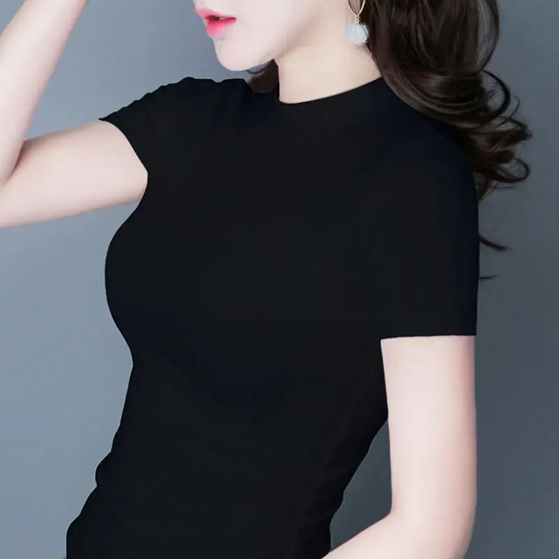 Футболка женская с высоким воротом облегающий белый топ коротким рукавом