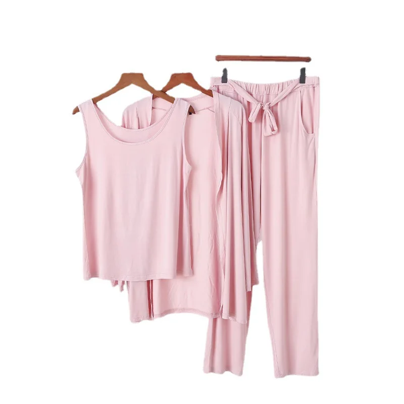 

3PCS Women Kimono Pajamas Sets Lounge Modal Pyjamas Sleep Suit Soft Sleepwear Nightwear Summer Vest Bathrobe&Pant Home Wear