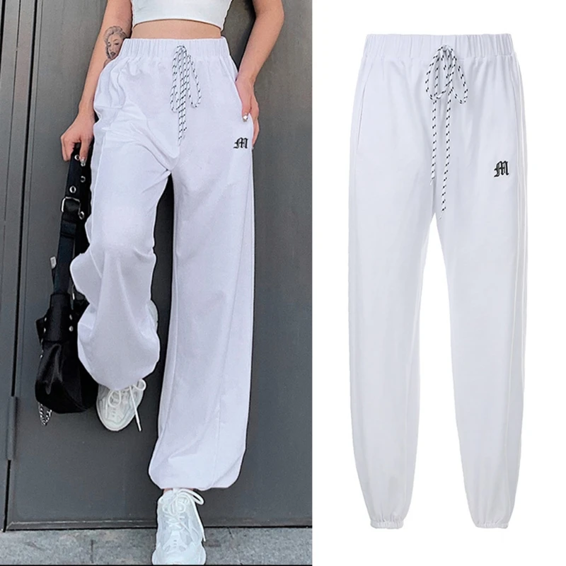 

Women Drawstring High Waist Jogger Pants Letter Embroidered Baggy Loose Sweatpants Ankle Zipper Split Harajuku Harem Trousers wi