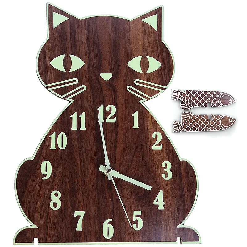 

Night Light Wall Clock, Luminous Wall Clock with Numerals & Hands Glow in Dark, Cat Wooden Wall Indoor/Outdoor Living Room Clock