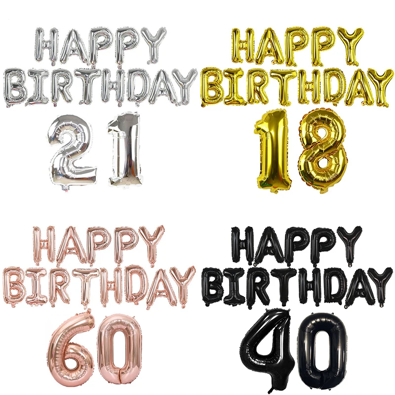 

15pcs/set Happy Birthday Balloon Letter Number Foil Balloons 18 21 30 40 50 60th Adult Birthday Party Decoration Helium Ballon