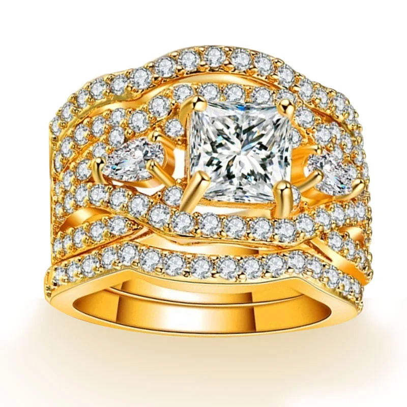 

3 PCS Popular Gold Color Inlaid White Crystal Zirconium Rhinestone Female Ring Set for Women Party Wedding Jewelry Accessories