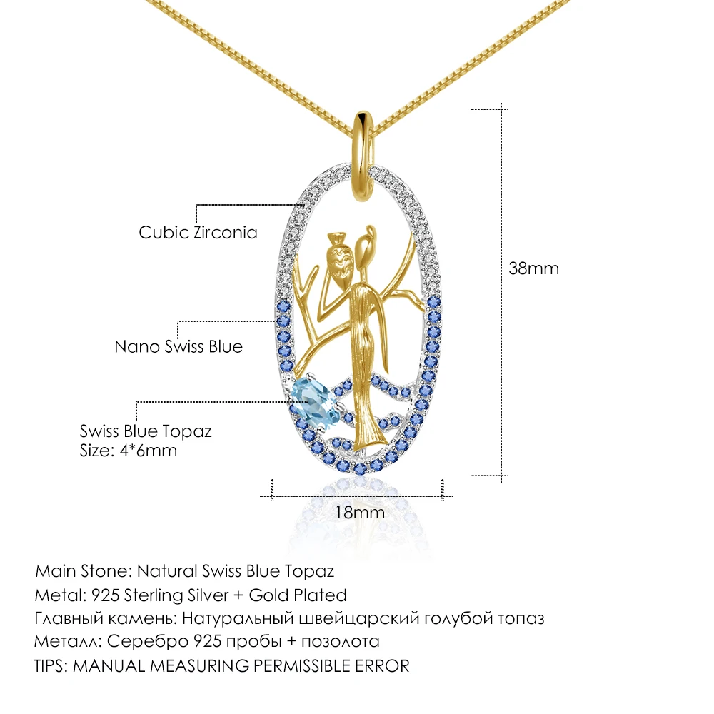 GEM'S BALLET 0.57Ct Natural Swiss Blue Topaz 925 Sterling Silver Golden Woman Fetch Water Pendant Necklace For Women Jewelry | Украшения