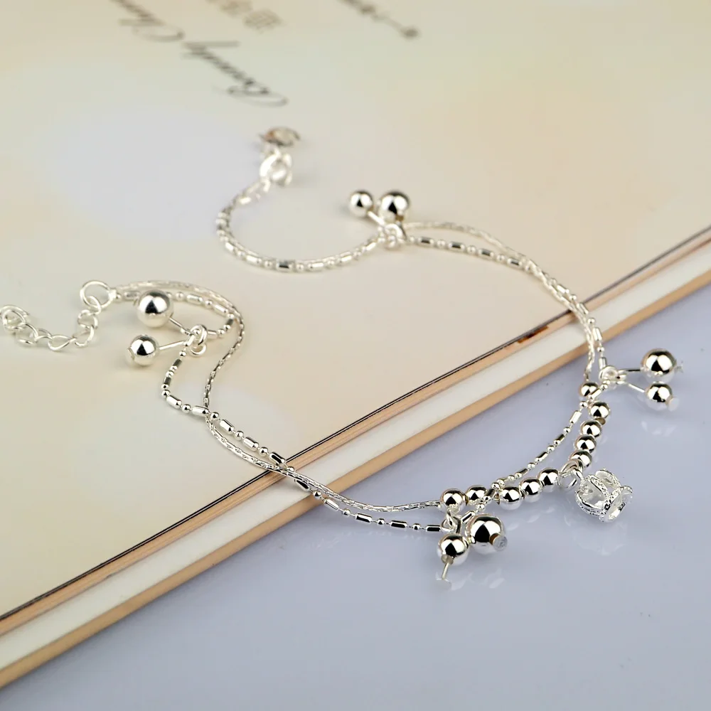 Женский браслет на ногу из серебра 925 пробы с цепочкой и бусинами