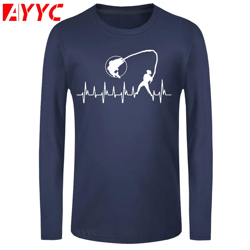 

AYYC long sleeve tee Birthday Gifts For Dad Him Father Fishinger Heartbeat Funny T Shirt Fish Present Custom T Shirt For Men
