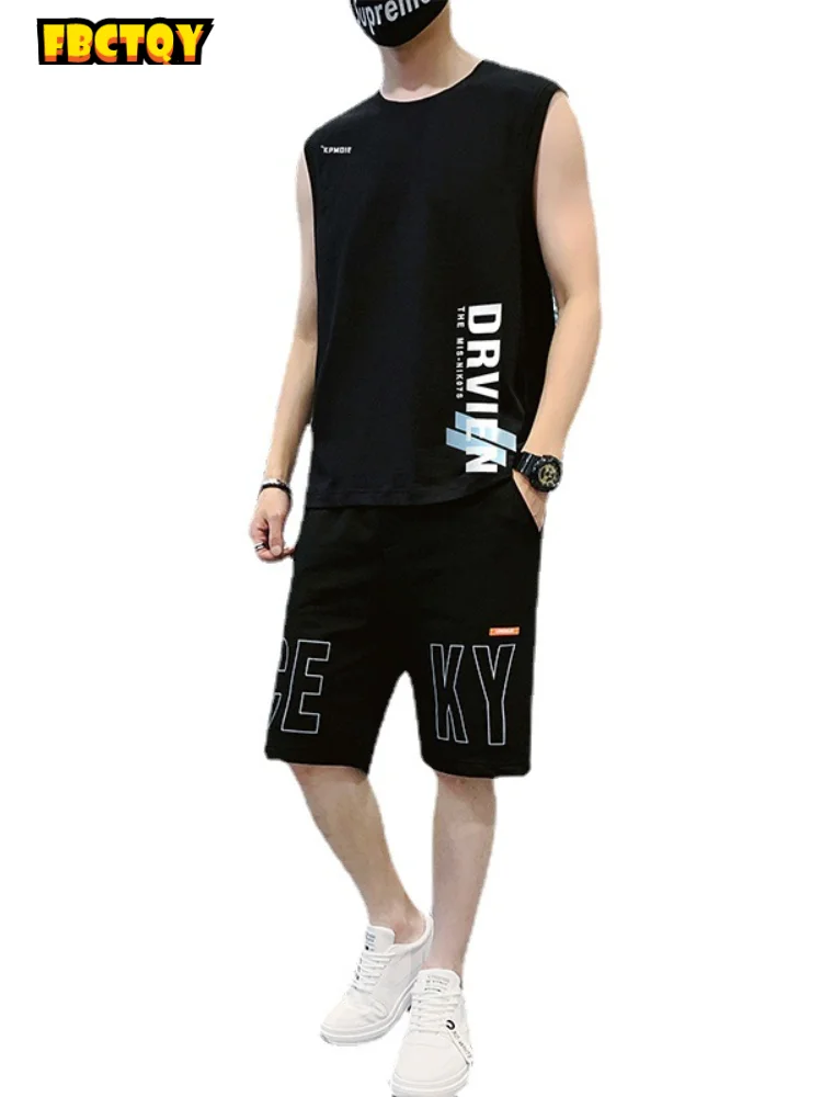

Leisure sports suit men's summer youth loose breathable trend pure cotton vest sleeveless Camisole shorts clothes for men
