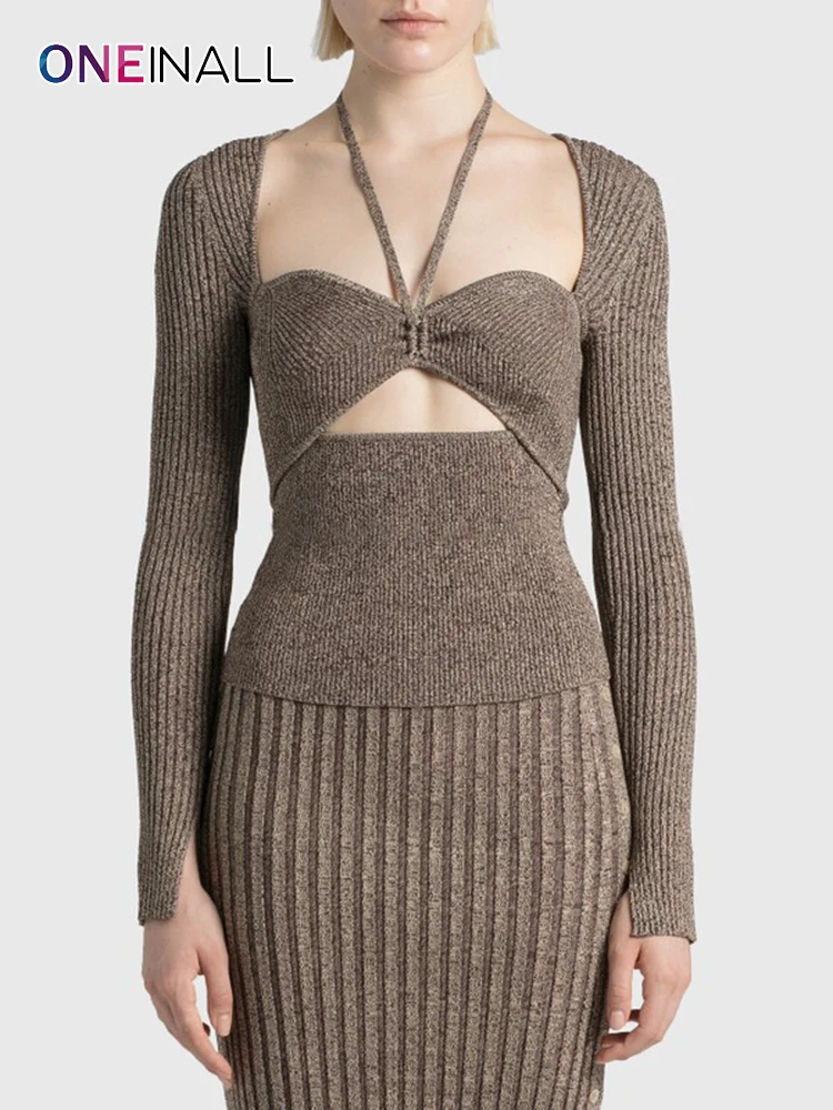 

Женский трикотажный пуловер ONEINALL, облегающий свитер с квадратным вырезом и длинным рукавом, с асимметричным подолом, осень 2021