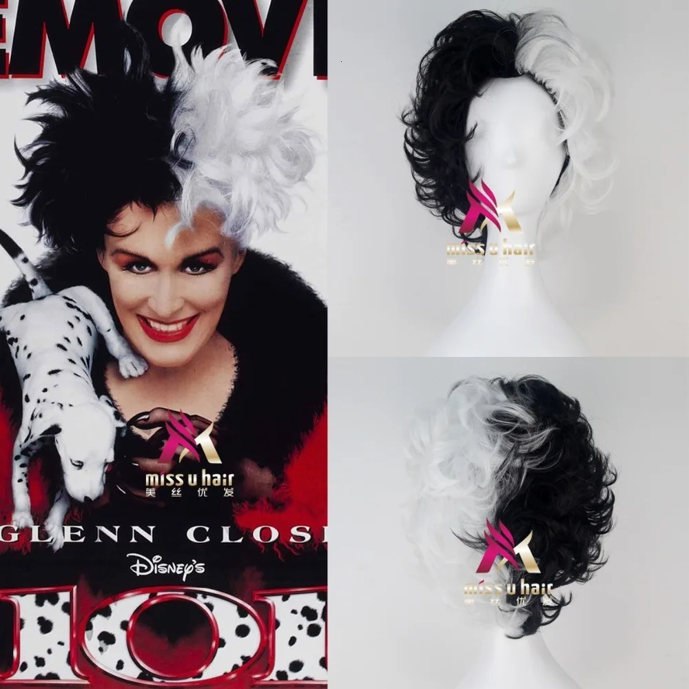 New Black And White Fluffy Short Layered Synthetic Wigs 101 Dalmatians Cruella Devil Cosplay Costume Wig +wig cap