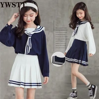 teen girls school uniform skirt sailor set 2021new girls long sleeve white school students kids pleated plaid skirts suit 2pcs