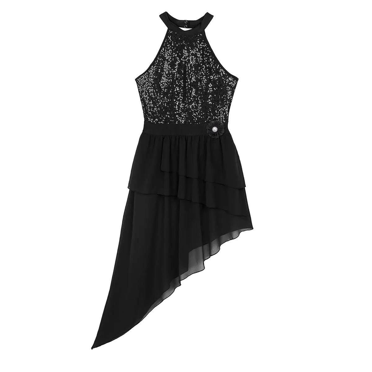 Асимметричное шифоновое гимнастическое трико TiaoBug с блестками и лямкой на шее