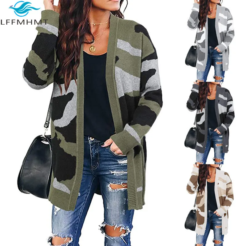 

Women Spring Autumn Fashion American Style Army Fan Camouflage Knitted Cardigan Jacket Office Lady Long Sleeve Casual Loose Coat