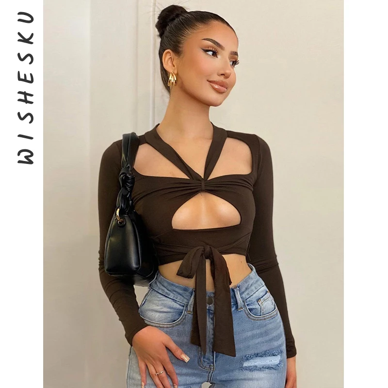 

Hollow Out Sexy Ladies Crop Top 2021 Autumn Bandage Long Sleeve V Neck Tee Tops Fashion Solid Skinny Irregular Y2K T Shirt