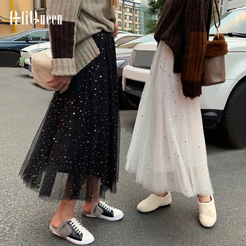 Женская трехслойная плиссированная юбка средней длины белая сетчатая длинная с