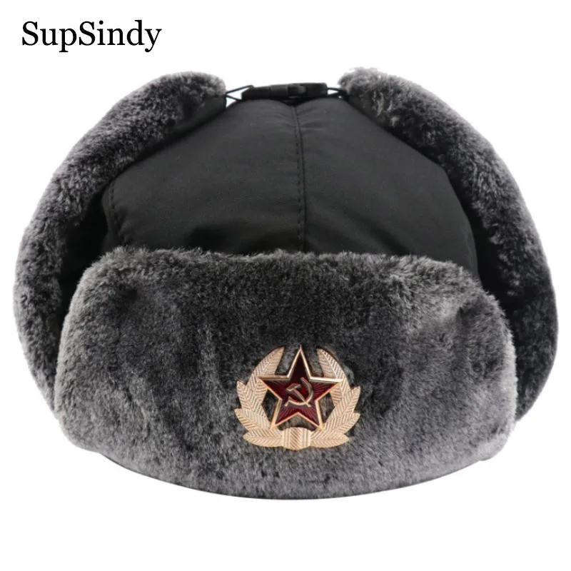 SupSindy Soviet Badge Ushanka Men&ampWomen Bomber Hats CCCP Army Pilot Trapper Trooper Hat Winter Faux Rabbit Fur Earflap Snow Caps |