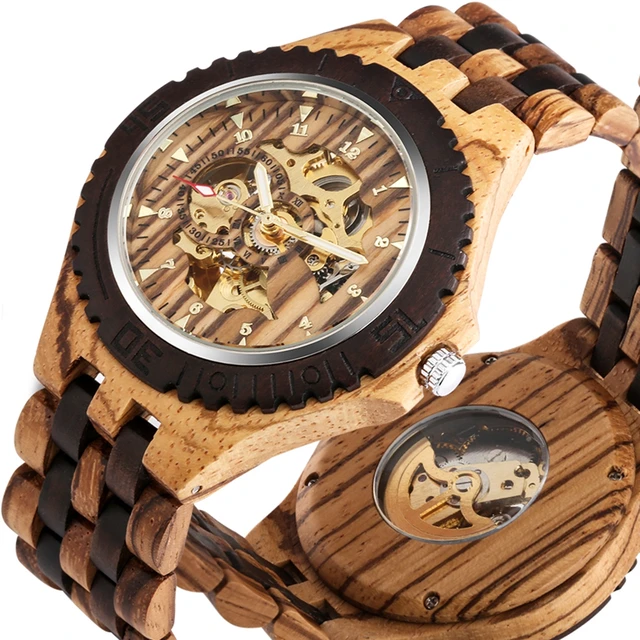 Wooden Automatic Watch for Men - Golden Skeleton Arabic Numerals 2