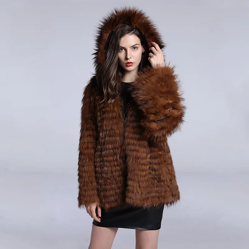 2020 New Style Warm And Fashionable Dark Kaqhi Hooded Long Sleeves Genuine Leather Real Fox Fur Coat Short Luxury Clothes Women