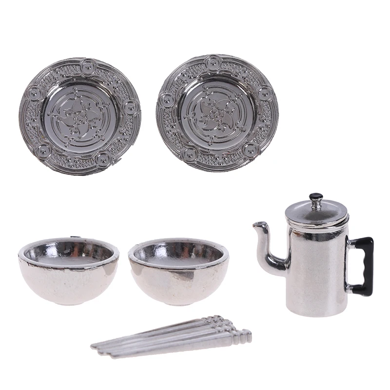 

1 Set 1:12 Scale Dollhouse Mini Kitchen Set Kettle+2pcs Plates+2pcs bowls+2pair Chopsticks Pretend Play Toys