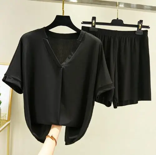 

Pijamas women new casual v-neck loose sleepwear set ice silk short sleeve shorts suit home clothes outside wear pajamas sets