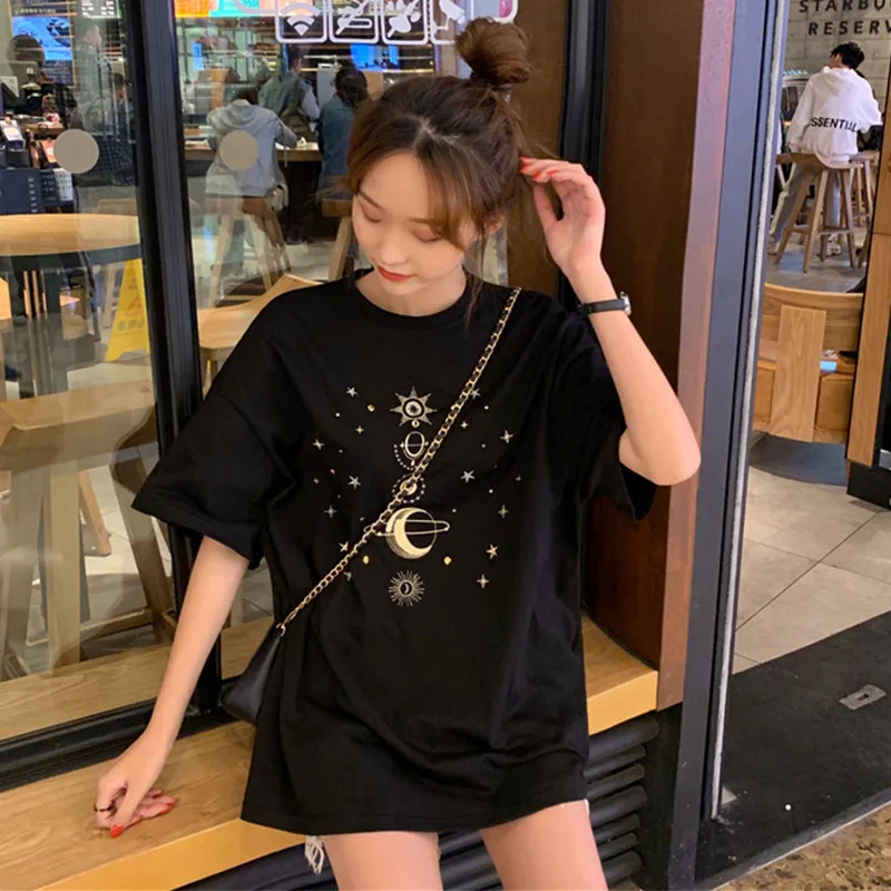 Женская футболка с принтом звезды и Луны Корейская кавайная забавная коротким