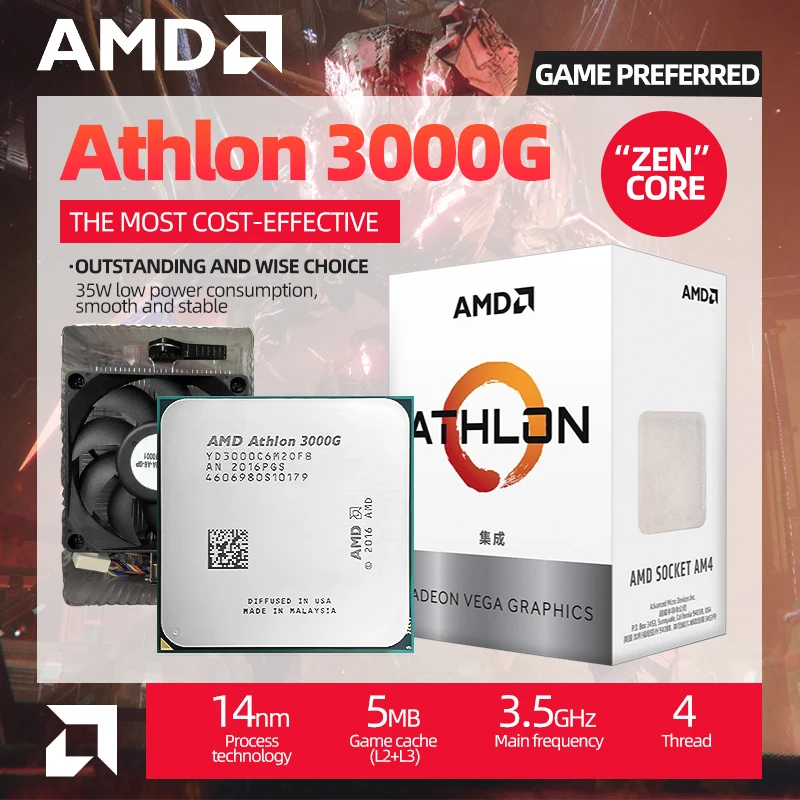 AMD Athlon 3000G новый процессор X2 3000G 3,5 ГГц двухъядерный четырехпоточный процессор для геймеров в офисе разъем AM4 и поставляется с кулером - изображение