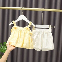 summer toddler girls set fashion kids short sleeve condole belt tops shorts suit casual cotton outfit children clothing