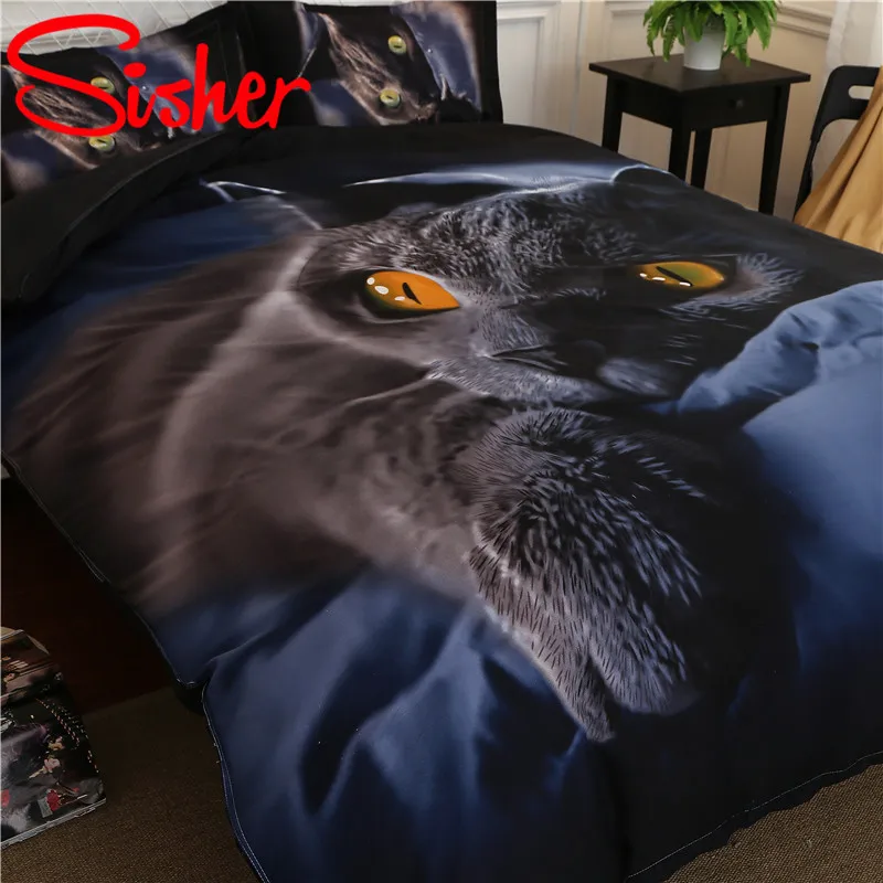 Комплект постельного белья с 3D рисунком кота пододеяльник темно синего цвета