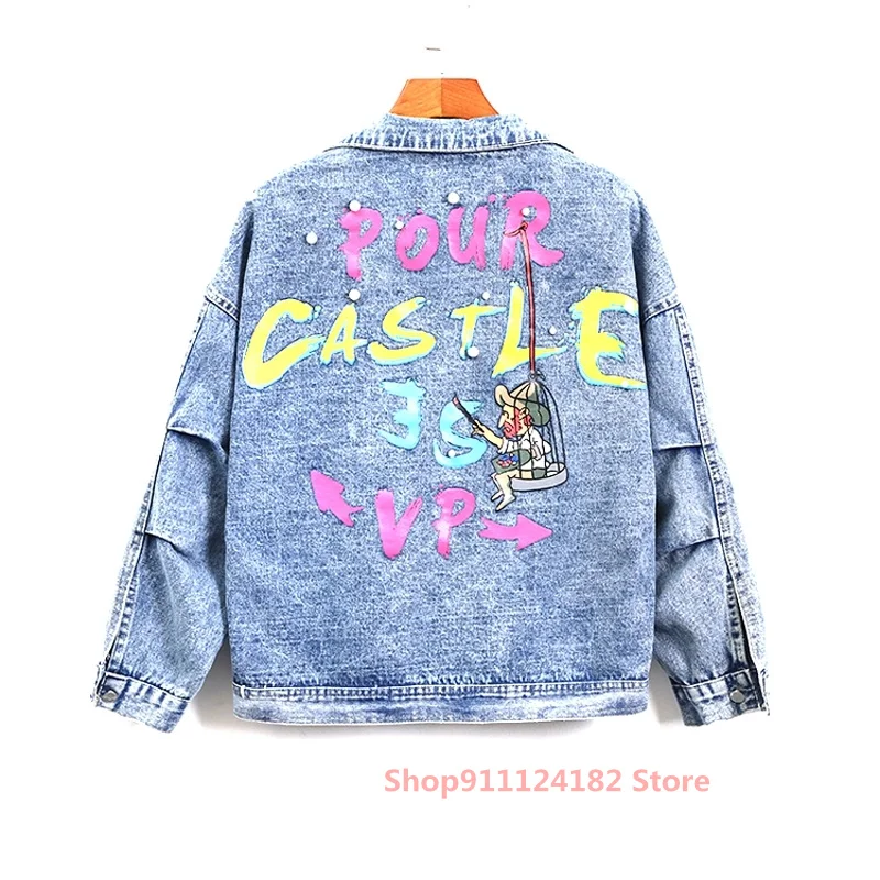 

Женская джинсовая куртка с буквенным принтом, модная Свободная куртка из денима с бисером в Корейском стиле, весна-осень 2021