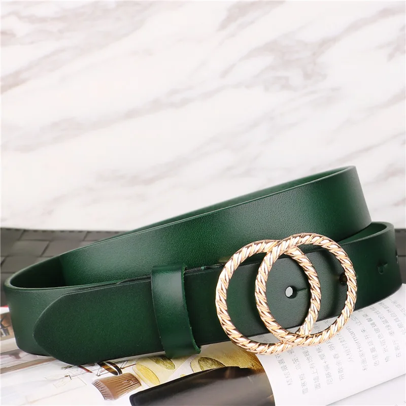 Women Belt Cool Ins European and American-Style Decorative Leather Double Loop Buckle Fashion Wild with A Skirt Belt Green