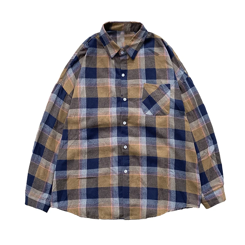 

Men Shirts Plaid Loose Casual Turn-down Collar Male Fashion Tops All-match Long Sleeve Shirt Handsome Blouse Autumn Spring New