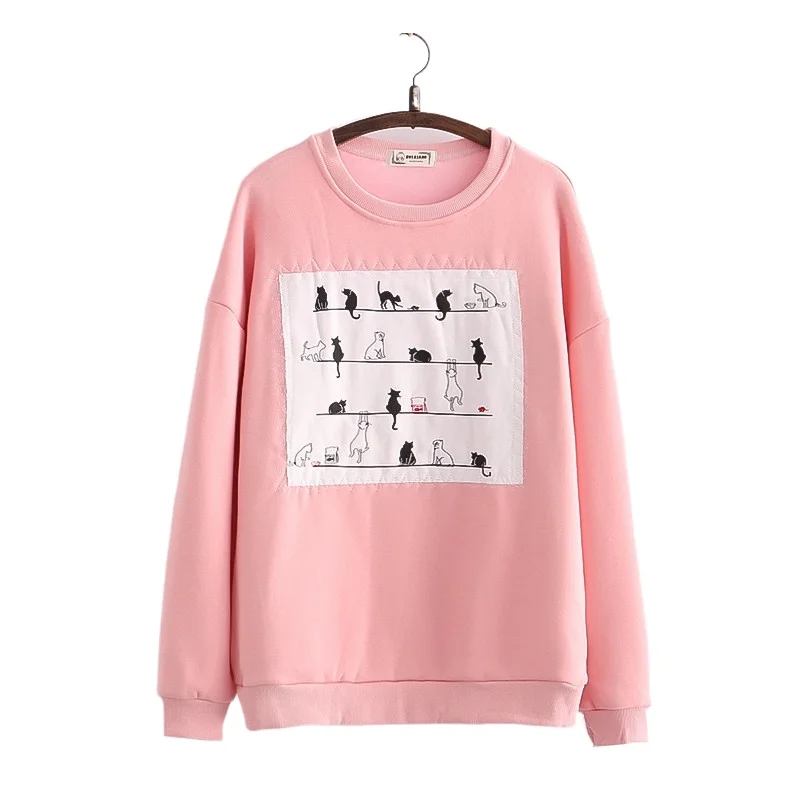 

Милые женские свитшоты в стиле Харадзюку с аппликацией кота 2022 весенние хлопковые пуловеры с длинным рукавом женские милые топы