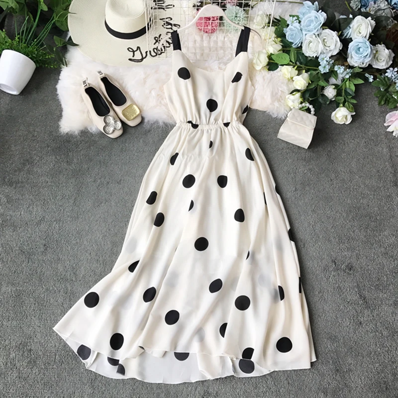 Платье женское длинное с принтом в горошек из шифона без рукавов открытой