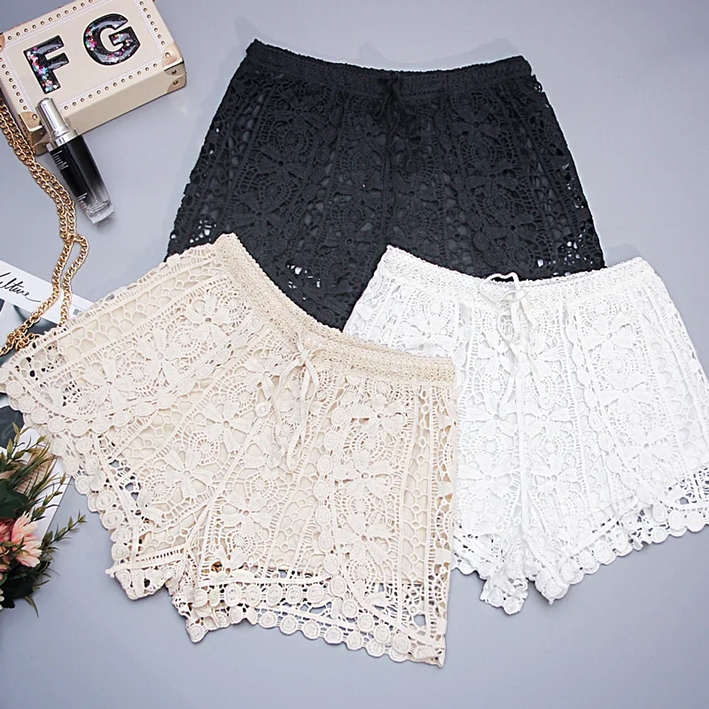 Женские пляжные шорты в богемном стиле Модные ажурные мини-шорты кружевные Белые