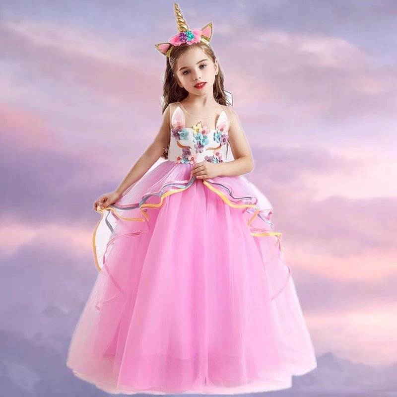 Нарядное длинное платье принцессы с цветочным узором для девочек Вечерние