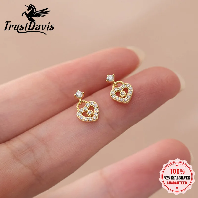 

TrustDavis Real 925 Sterling Silver Romantic Heart Dangle Stud Earrings For Women Wedding Party Fine Fashion S925 Jewelry DA2756