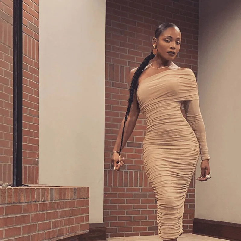 

Split Autumn Party Long Christmas Dress Off Shoulder Ruched Mesh Dress Women Long Sleeve Sexy Dresses Red Beige Vestidos Pleated