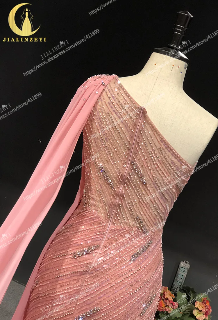 2021 Rhine real Pictures one shoulder pink mermaid beads luxurious sexy evening dress long formal dresses