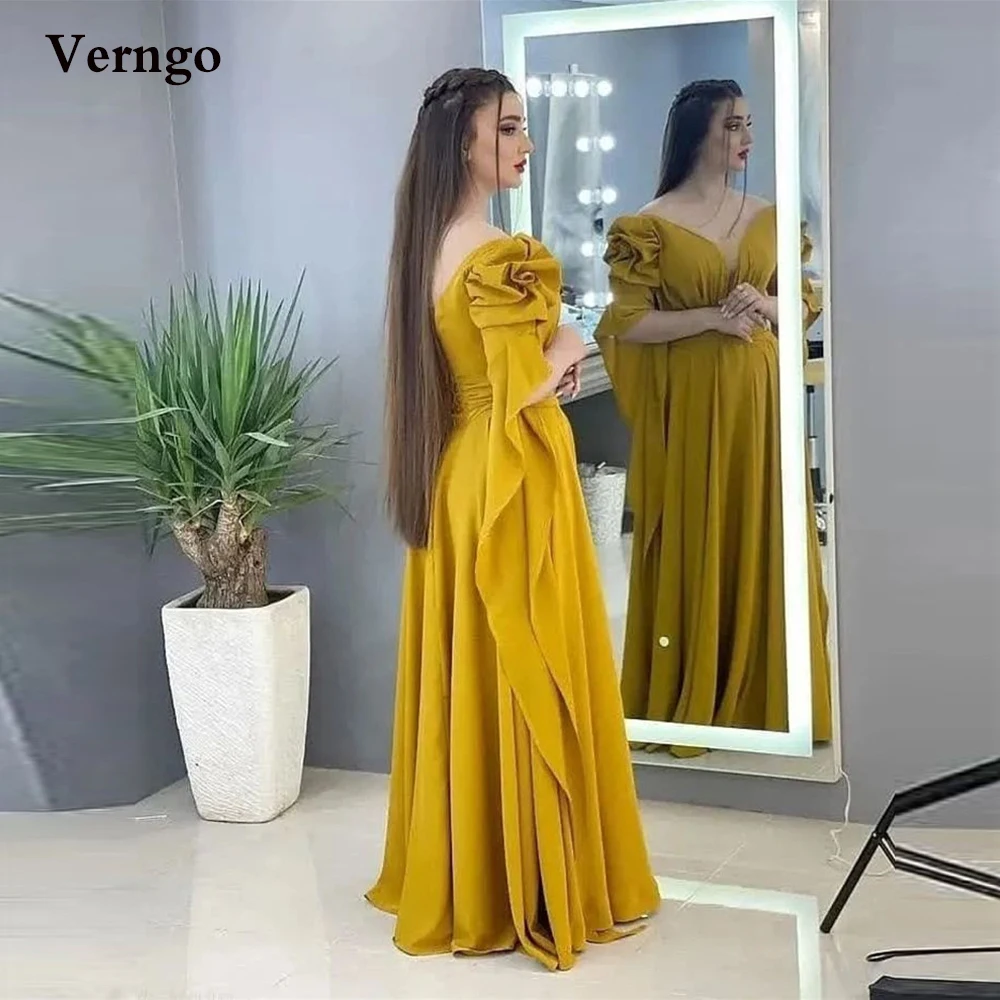 

Verngo Saudi Arabic Women Chiffon Long Prom Dresses V Neck Puff Long Sleeves Floor Length Evening Gown Plus Size Formal Dress